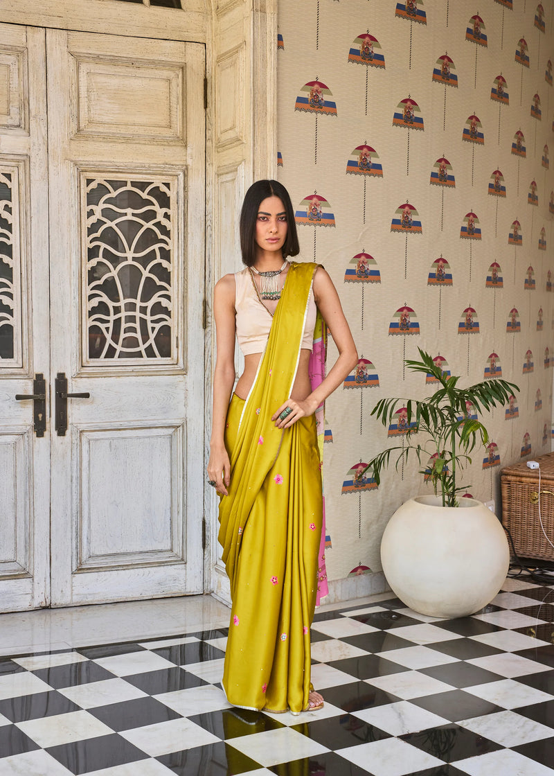 Retro Raani Multicolor Embroidered Saree Set satin crepe saree by Rajiramniq in ivory for women Worldwide