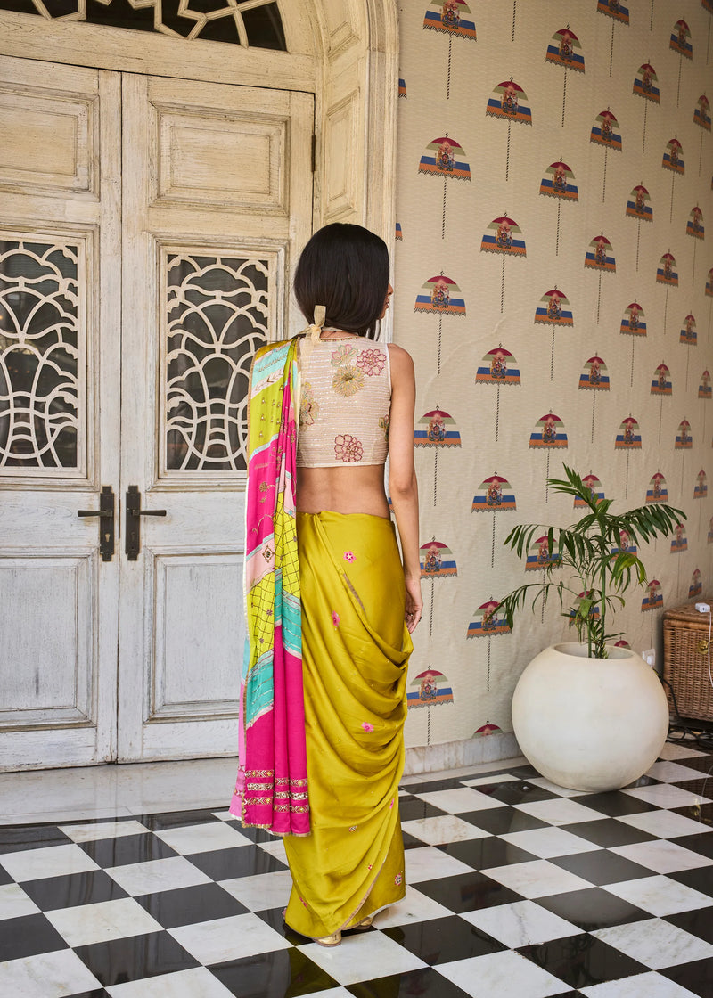 Retro Raani Multicolor Embroidered Saree Set satin crepe saree by Rajiramniq in ivory for women Worldwide
