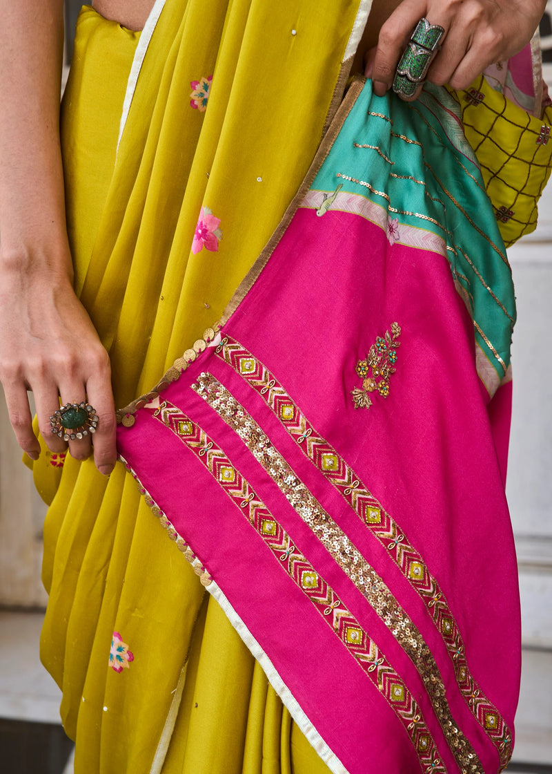Retro Raani Multicolor Embroidered Saree Set satin crepe saree by Rajiramniq in ivory for women Worldwide
