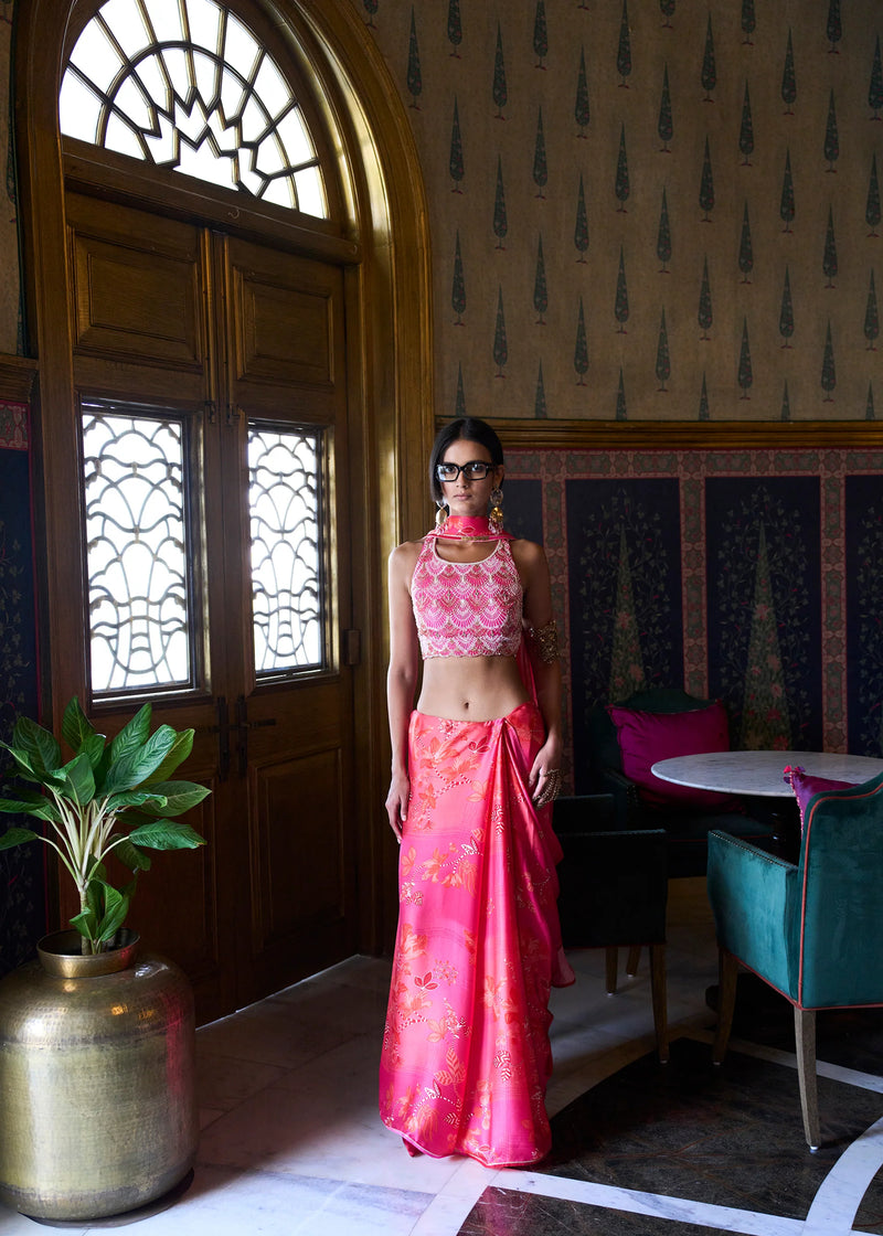 Retro Raani Candy pearl Blouse Saree Set silk, satin crepe saree by Rajiramniq in pink for women Worldwide