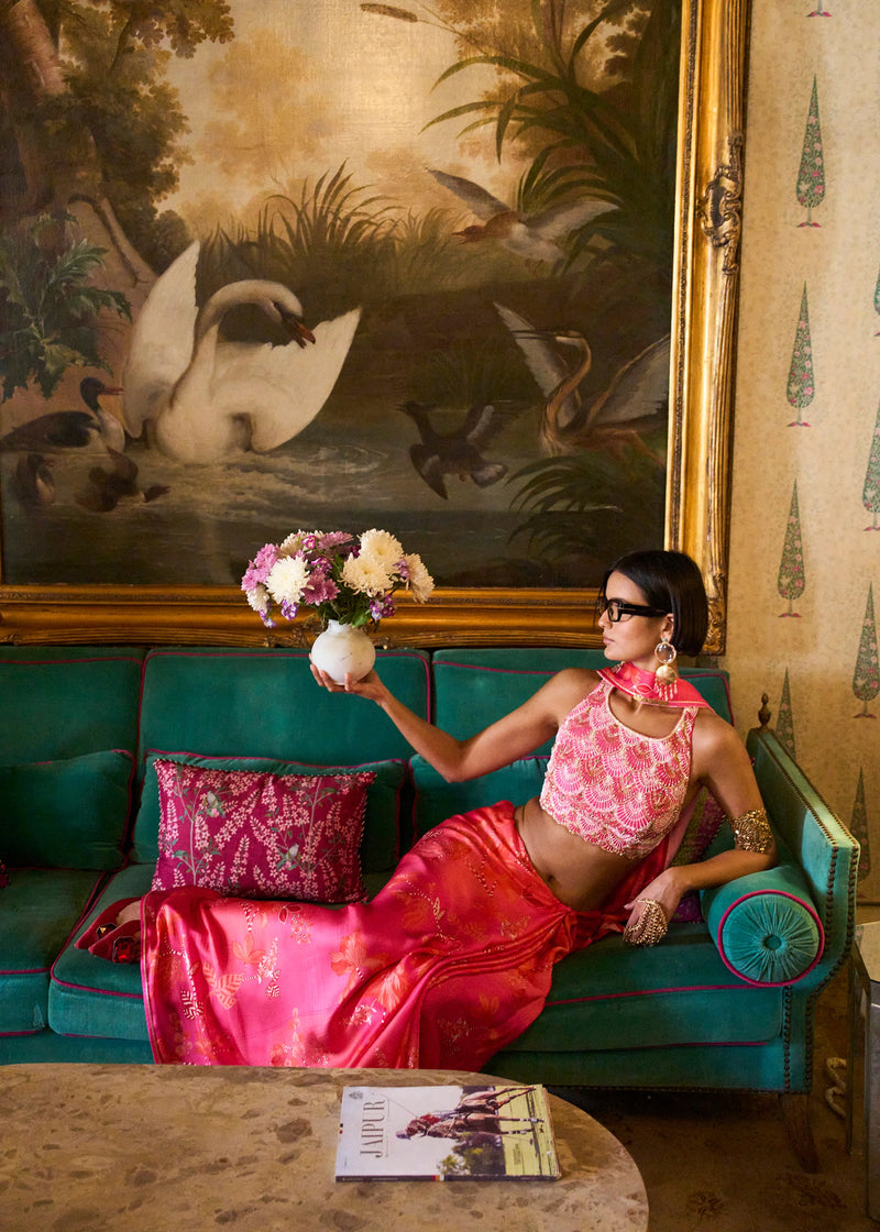Retro Raani Candy pearl Blouse Saree Set silk, satin crepe saree by Rajiramniq in pink for women Worldwide