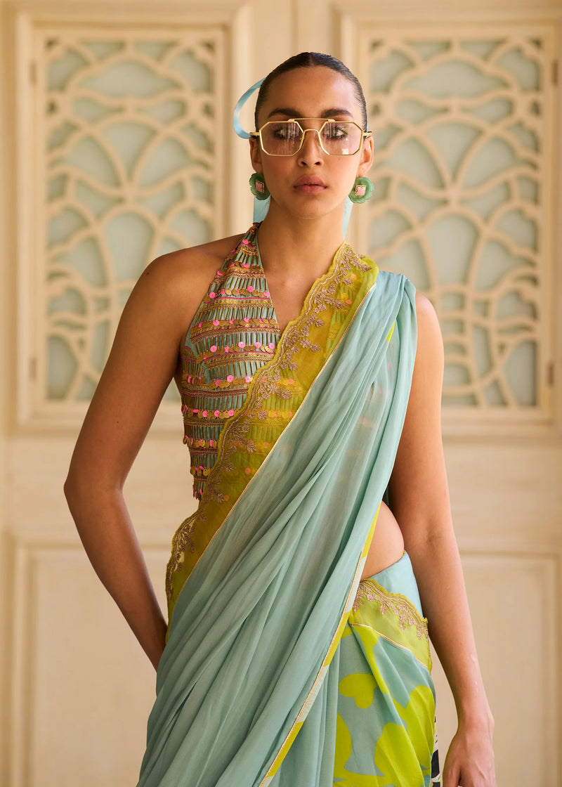 Retro Raani Powder Blue Metal Tassel Blouse Saree Set silk, crepe saree by Rajiramniq in blue for women Worldwide