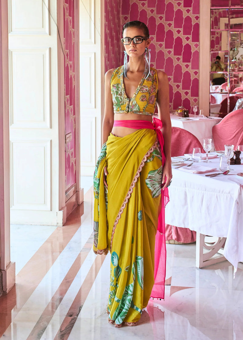 Retro Raani Yellow Sage Embroidered Saree Set crepe saree by Rajiramniq in lime yellow for women Worldwide