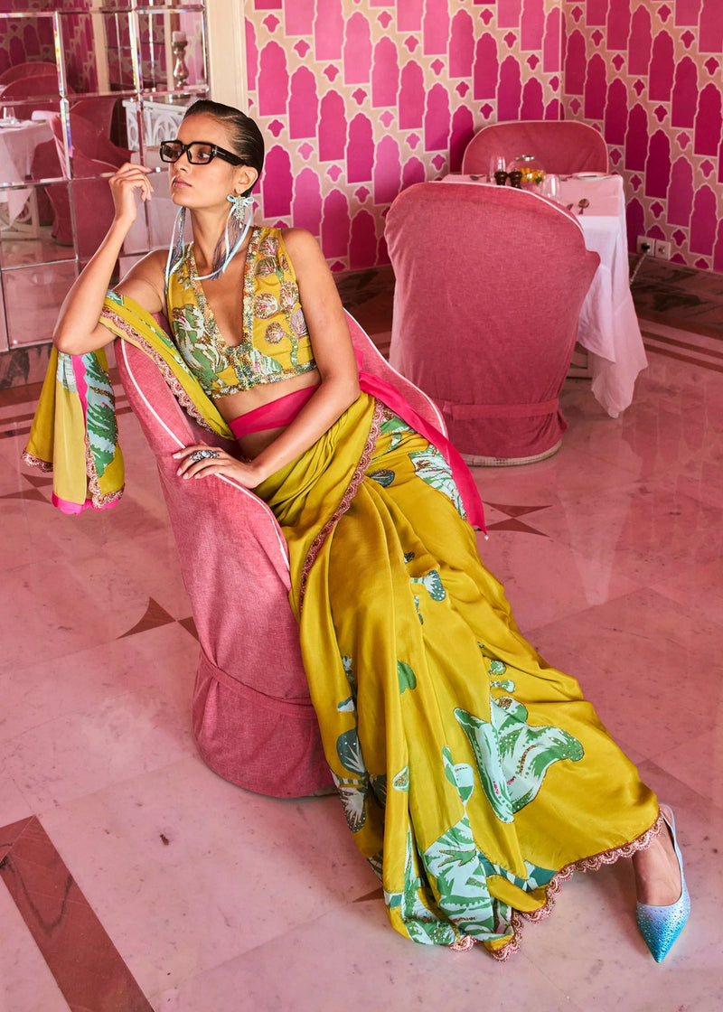 Retro Raani Yellow Sage Embroidered Saree Set crepe saree by Rajiramniq in lime yellow for women Worldwide