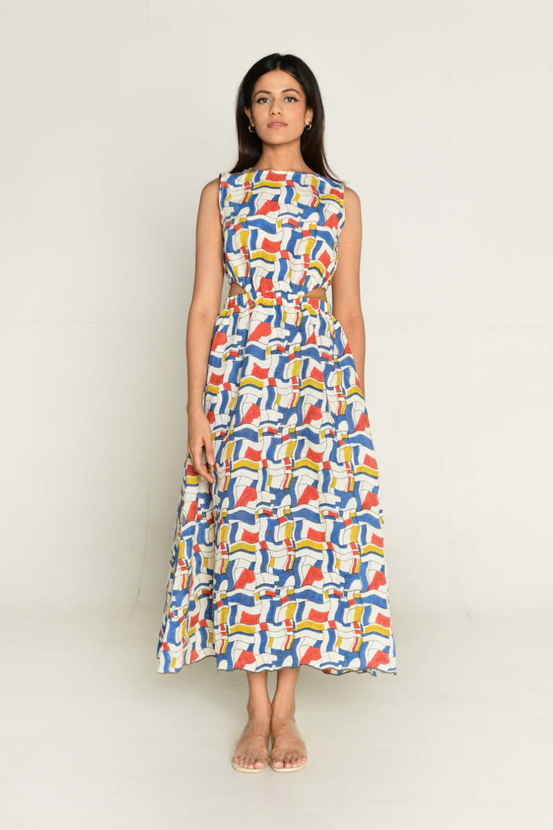 Escher Side Cut Dress linen by Rias in multi color for women Worldwide