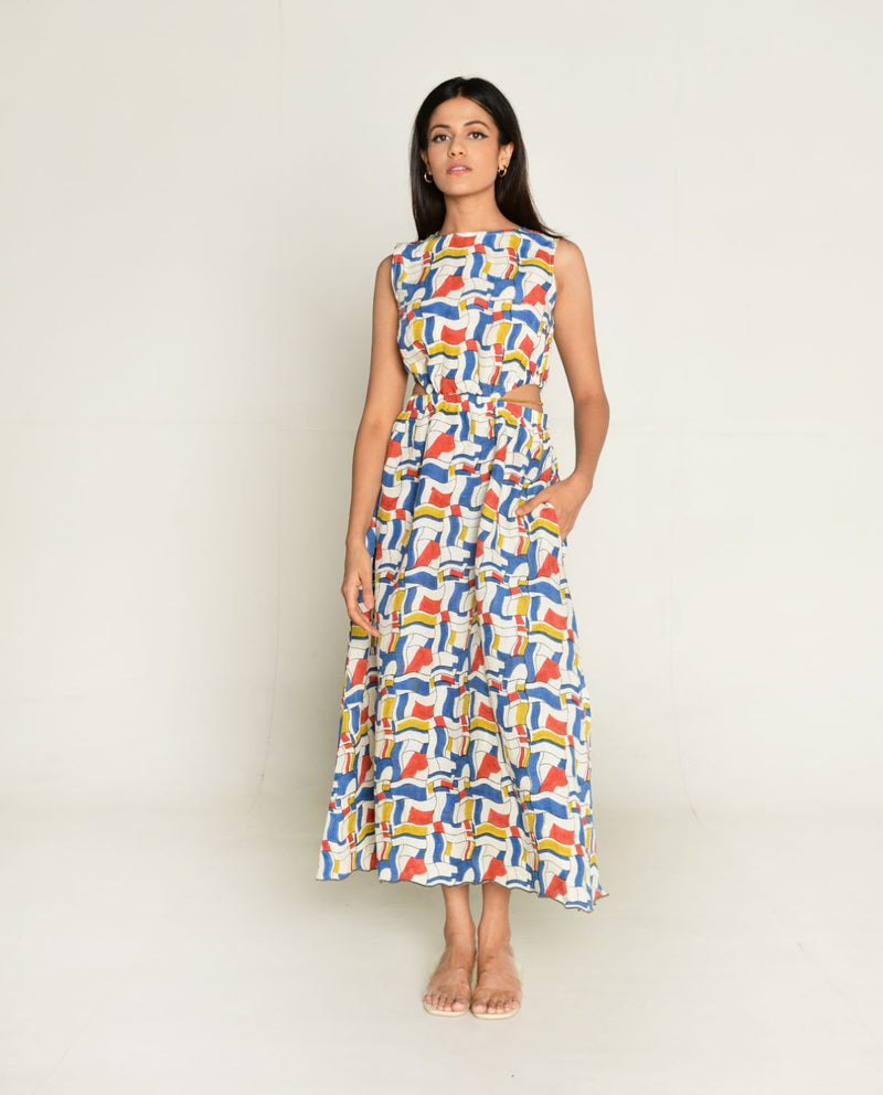 Escher Side Cut Dress linen by Rias in multi color for women Worldwide