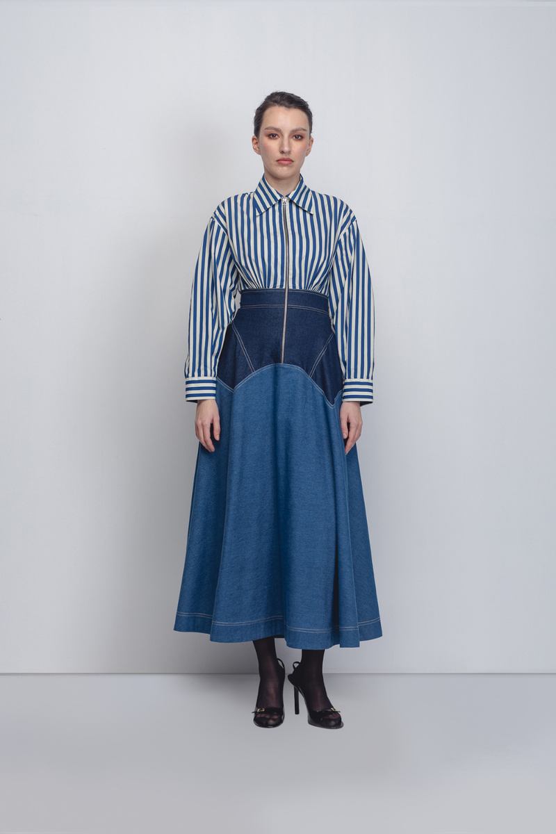 Rini Dress - Denim Blue + Blue / White Stripe cotton by Leh Studios in blue color for women Worldwide
