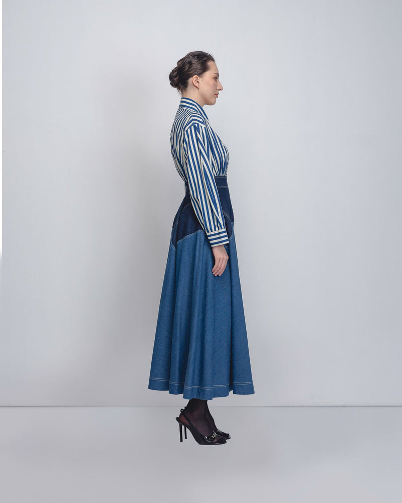 Rini Dress - Denim Blue + Blue / White Stripe cotton by Leh Studios in blue color for women Worldwide