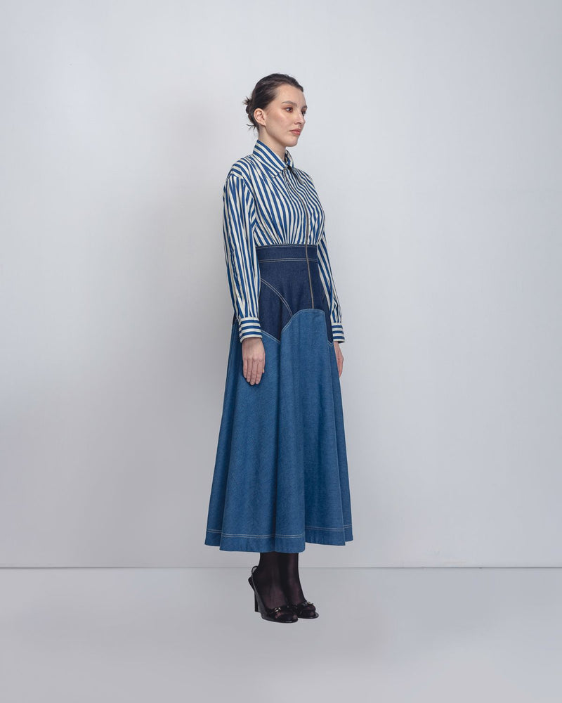 Rini Dress - Denim Blue + Blue / White Stripe cotton by Leh Studios in blue color for women Worldwide