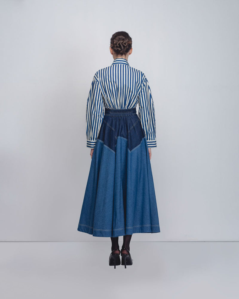 Rini Dress - Denim Blue + Blue / White Stripe cotton by Leh Studios in blue color for women Worldwide