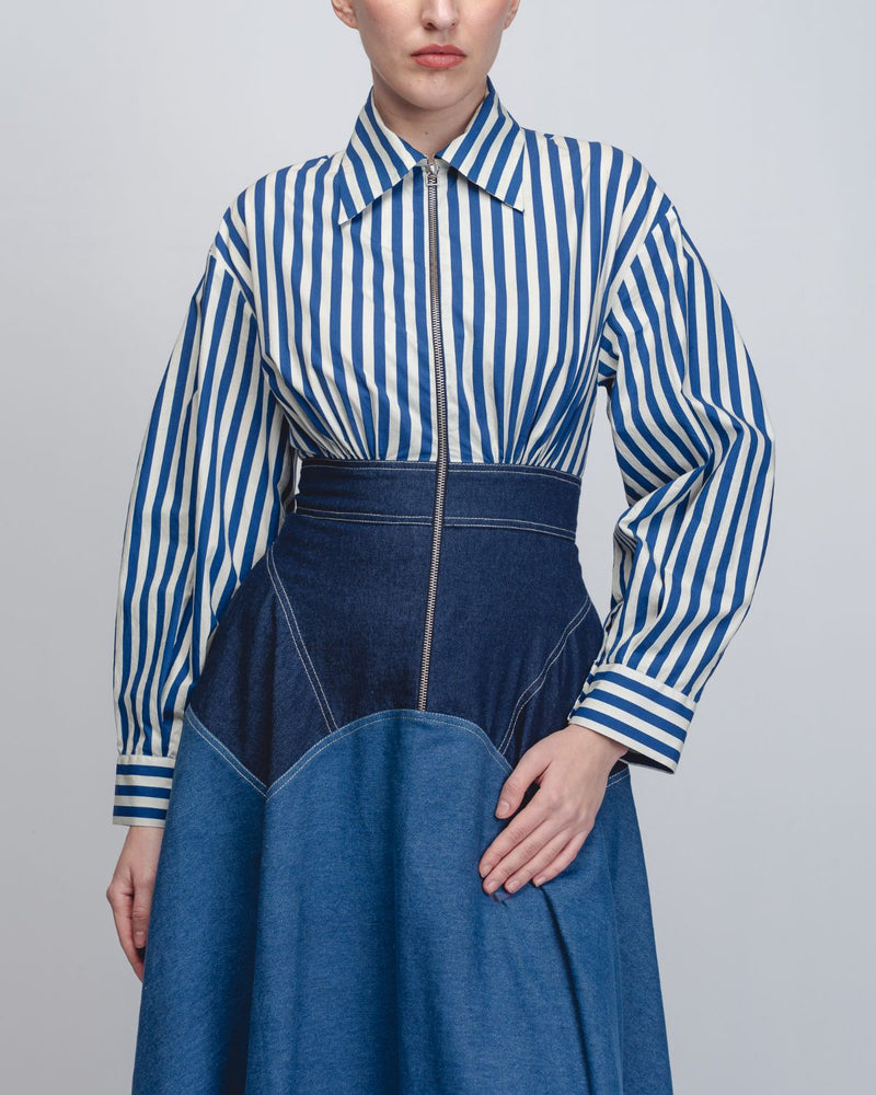 Rini Dress - Denim Blue + Blue / White Stripe cotton by Leh Studios in blue color for women Worldwide