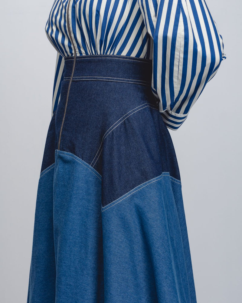 Rini Dress - Denim Blue + Blue / White Stripe cotton by Leh Studios in blue color for women Worldwide