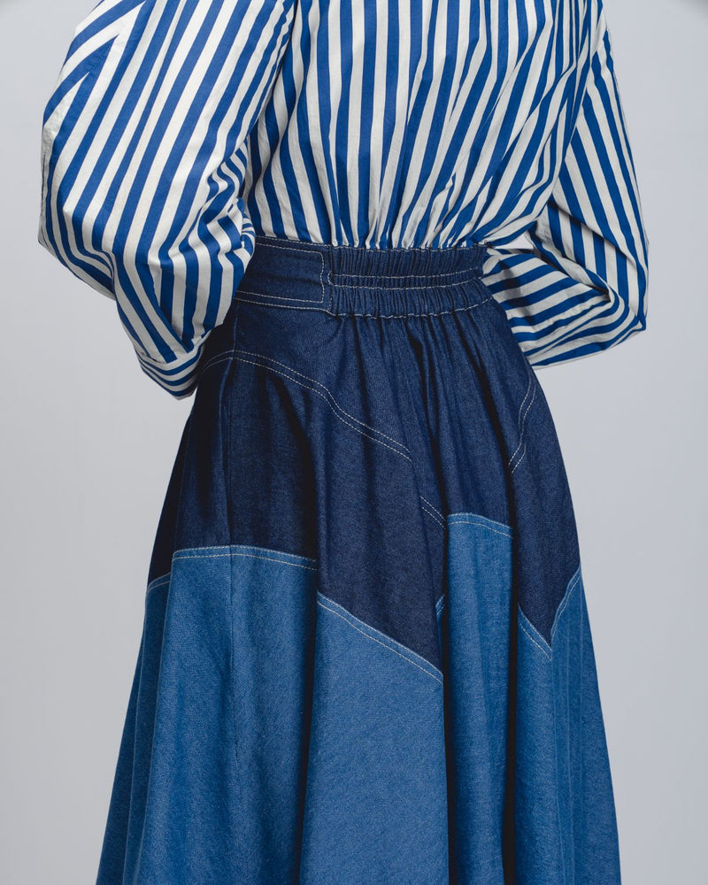 Rini Dress - Denim Blue + Blue / White Stripe cotton by Leh Studios in blue color for women Worldwide