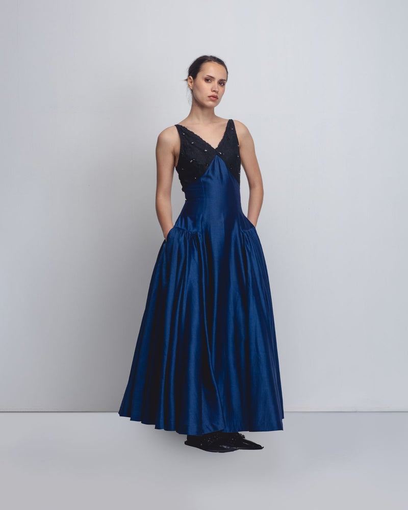 Riona Dress - Navy + Black cotton by Leh Studios in black color for women Worldwide