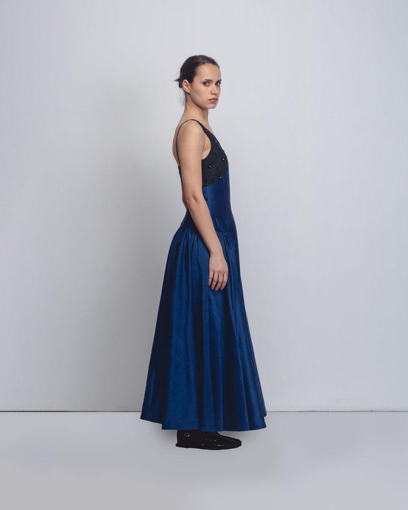 Riona Dress - Navy + Black cotton by Leh Studios in black color for women Worldwide