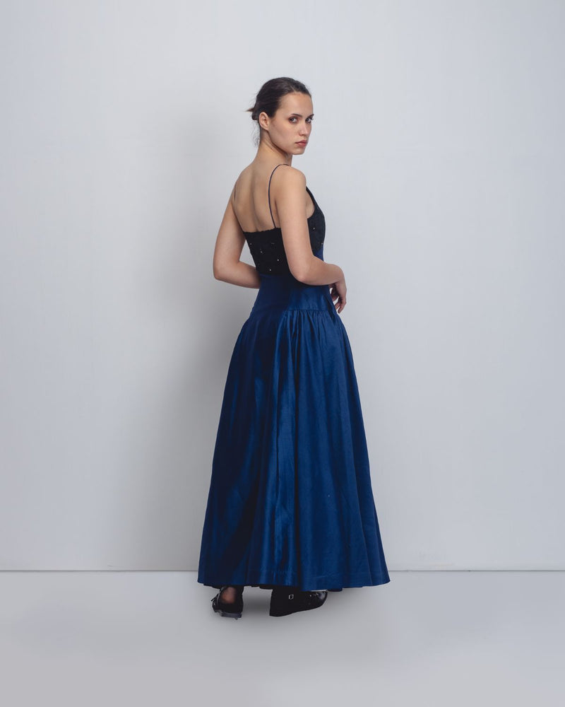 Riona Dress - Navy + Black cotton by Leh Studios in black color for women Worldwide