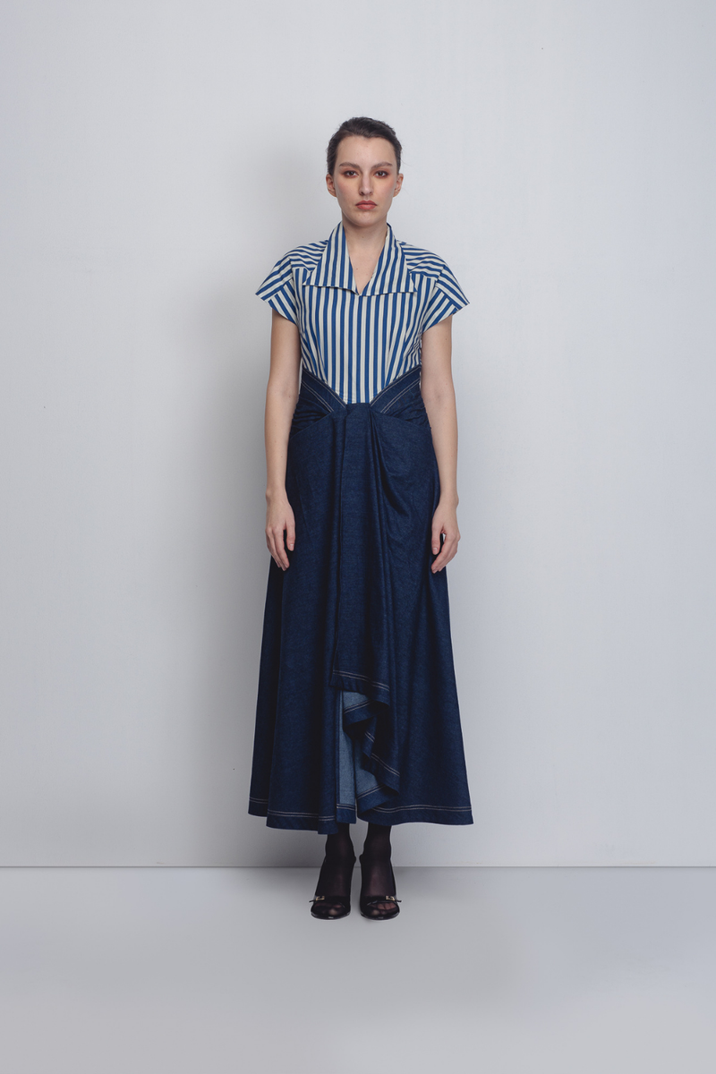 Roma Dress - Blue + White Stripes / Denim Blue cotton by Leh Studios in white color for women Worldwide