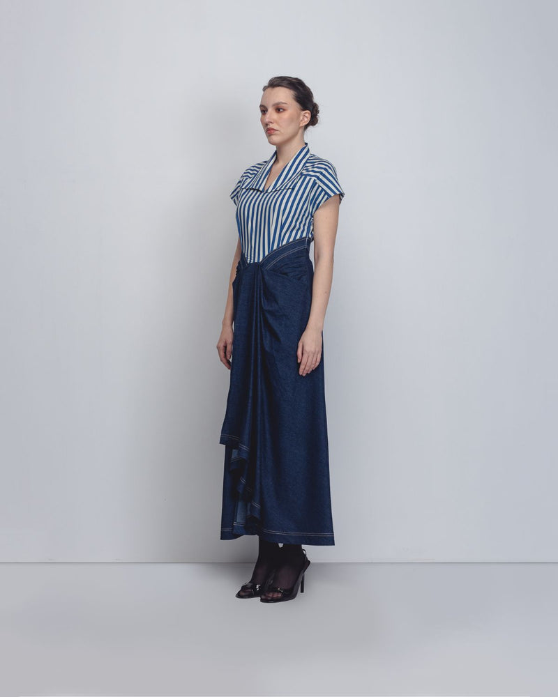 Roma Dress - Blue + White Stripes / Denim Blue cotton by Leh Studios in white color for women Worldwide