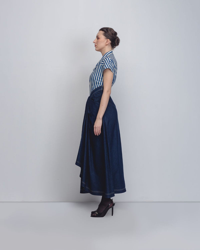 Roma Dress - Blue + White Stripes / Denim Blue cotton by Leh Studios in white color for women Worldwide