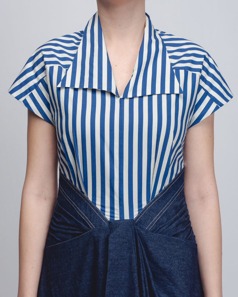 Roma Dress - Blue + White Stripes / Denim Blue cotton by Leh Studios in white color for women Worldwide