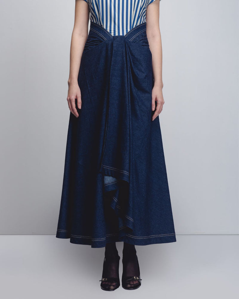 Roma Dress - Blue + White Stripes / Denim Blue cotton by Leh Studios in white color for women Worldwide