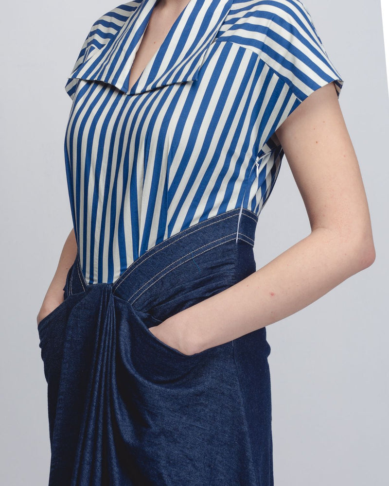 Roma Dress - Blue + White Stripes / Denim Blue cotton by Leh Studios in white color for women Worldwide