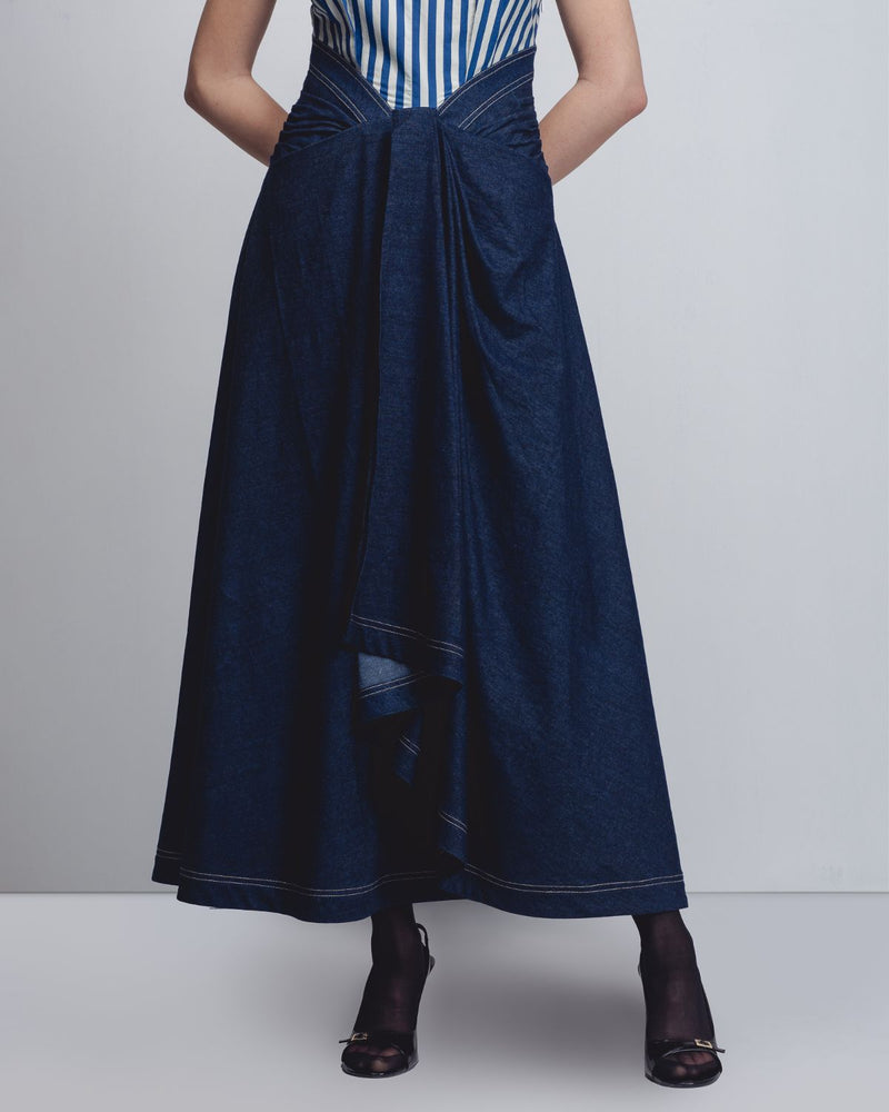 Roma Dress - Blue + White Stripes / Denim Blue cotton by Leh Studios in white color for women Worldwide