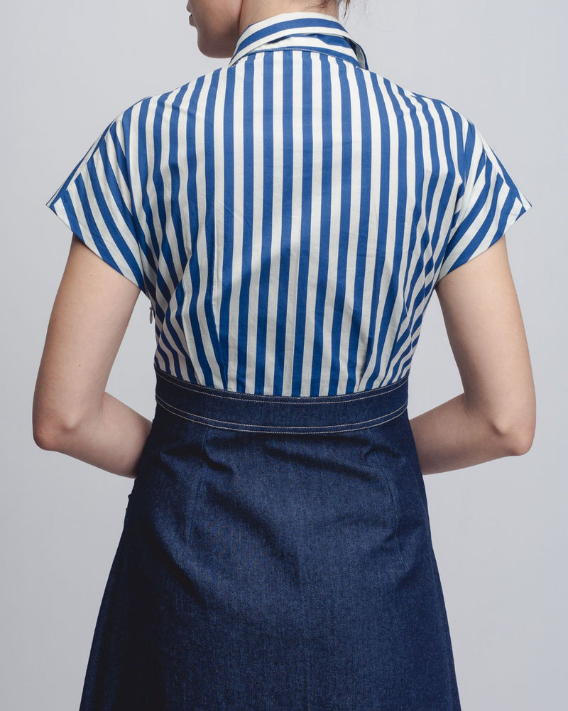 Roma Dress - Blue + White Stripes / Denim Blue cotton by Leh Studios in white color for women Worldwide