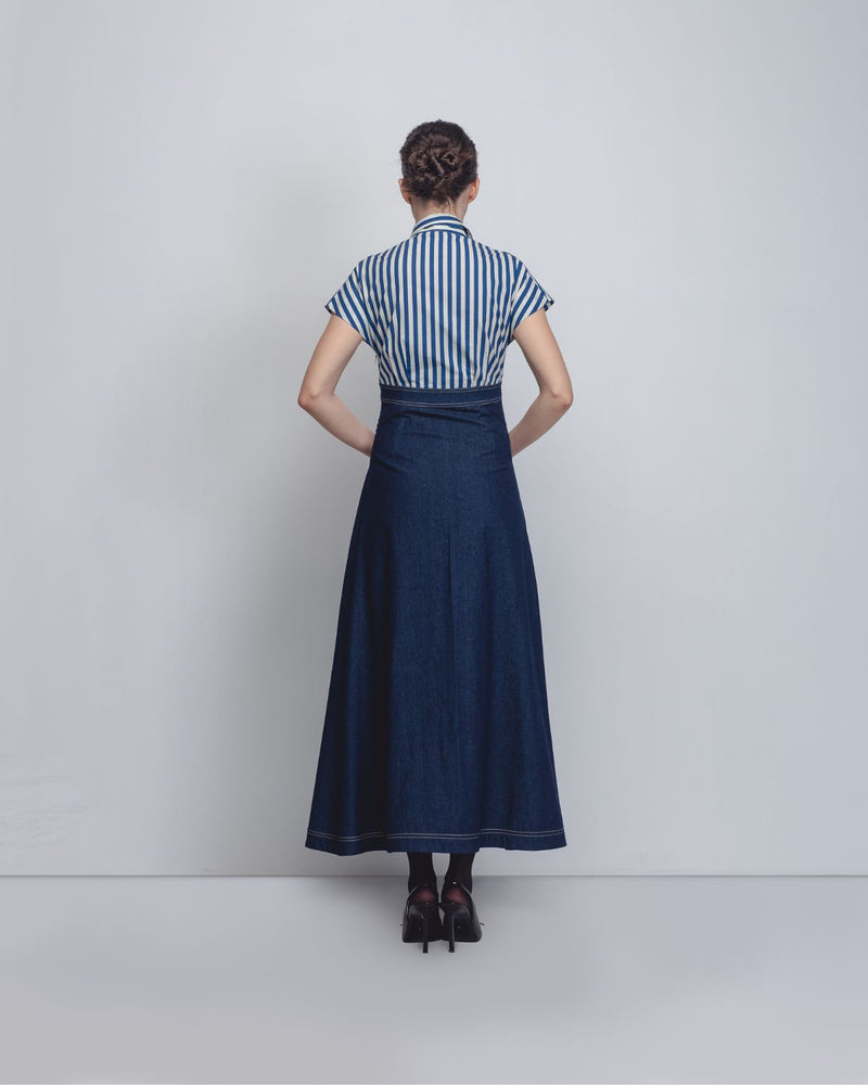 Roma Dress - Blue + White Stripes / Denim Blue cotton by Leh Studios in white color for women Worldwide