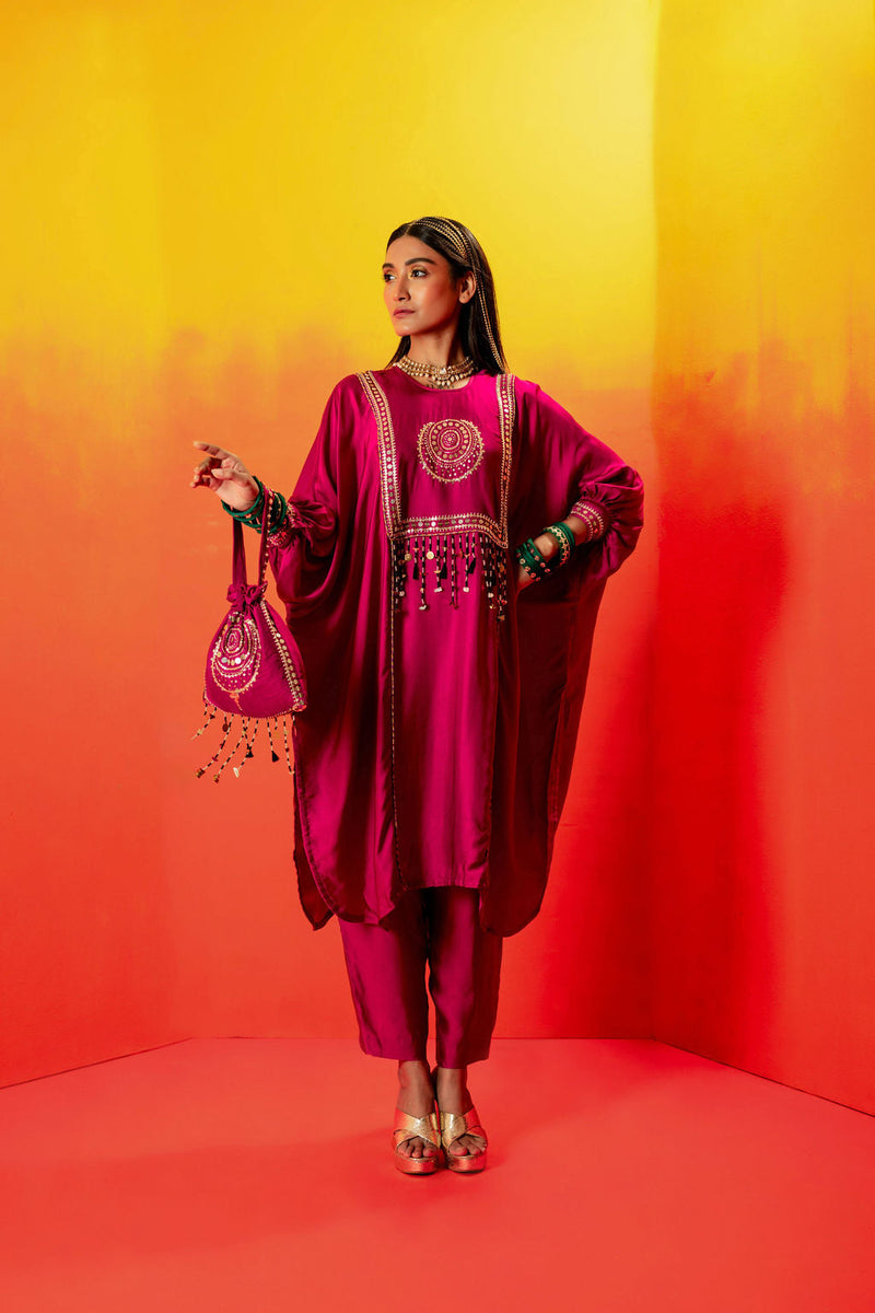 Tara Pink AntiFit Kurta with Pant and Dupatta satin by PRAHNAAYA in pink color for women Worldwide