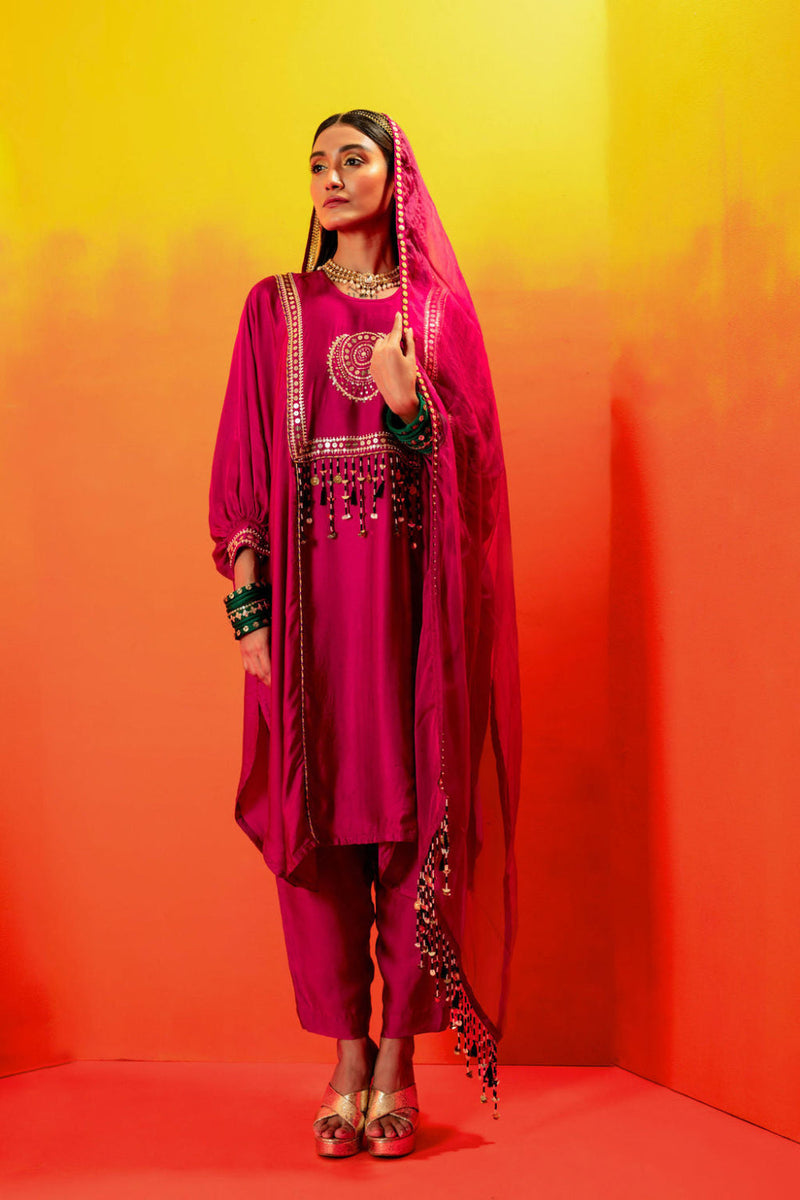 Tara Pink AntiFit Kurta with Pant and Dupatta satin by PRAHNAAYA in pink color for women Worldwide