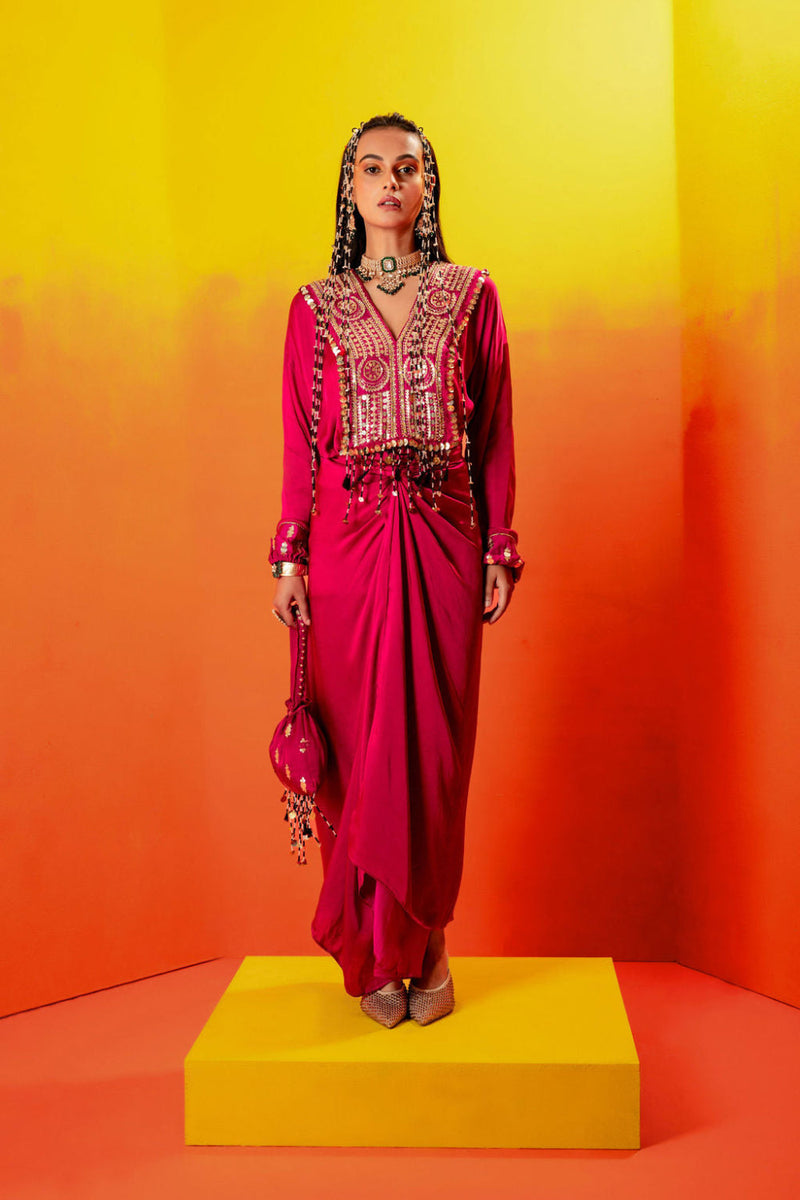 Tara Pink Festive Tie up Kurta Dress satin by PRAHNAAYA in pink color for women Worldwide