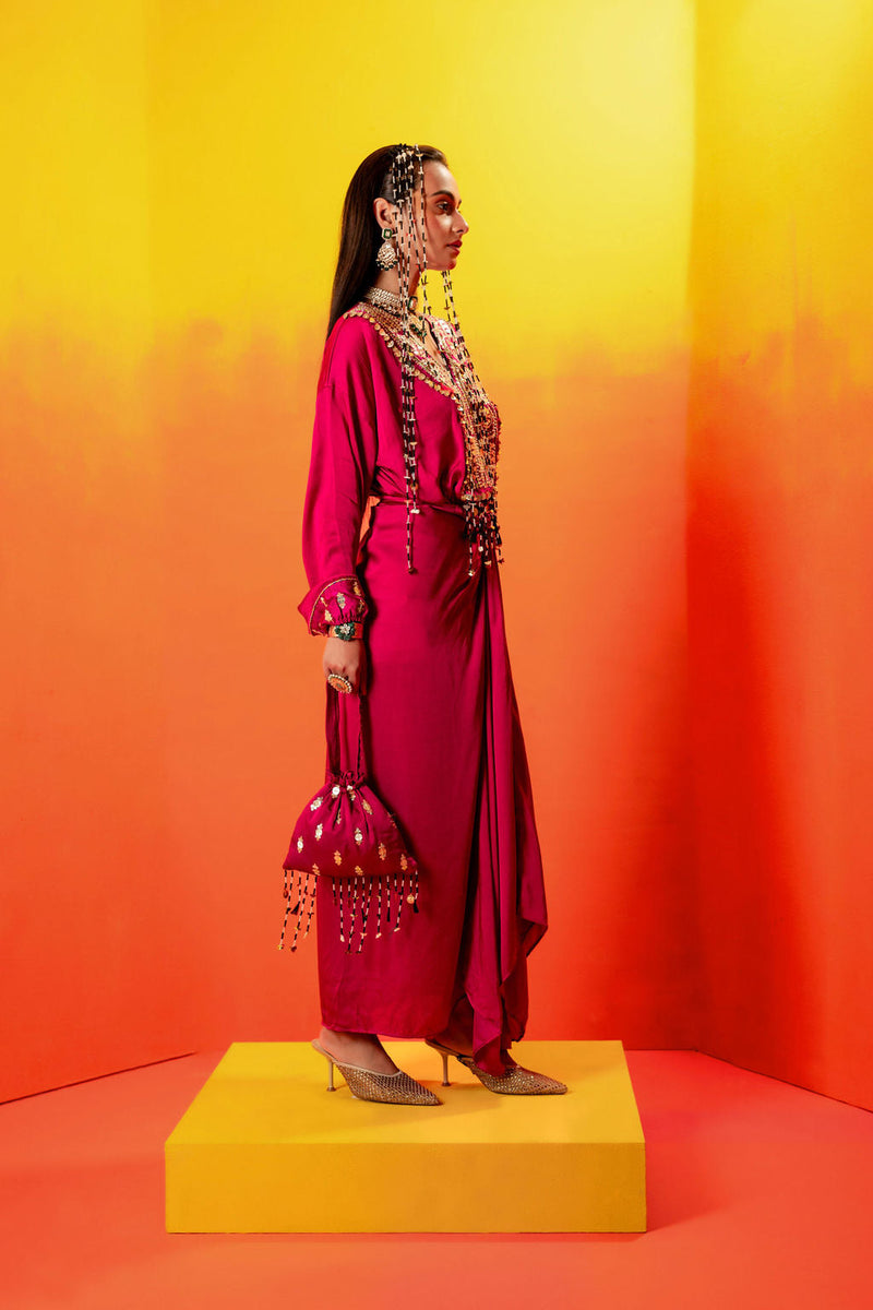 Tara Pink Festive Tie up Kurta Dress satin by PRAHNAAYA in pink color for women Worldwide