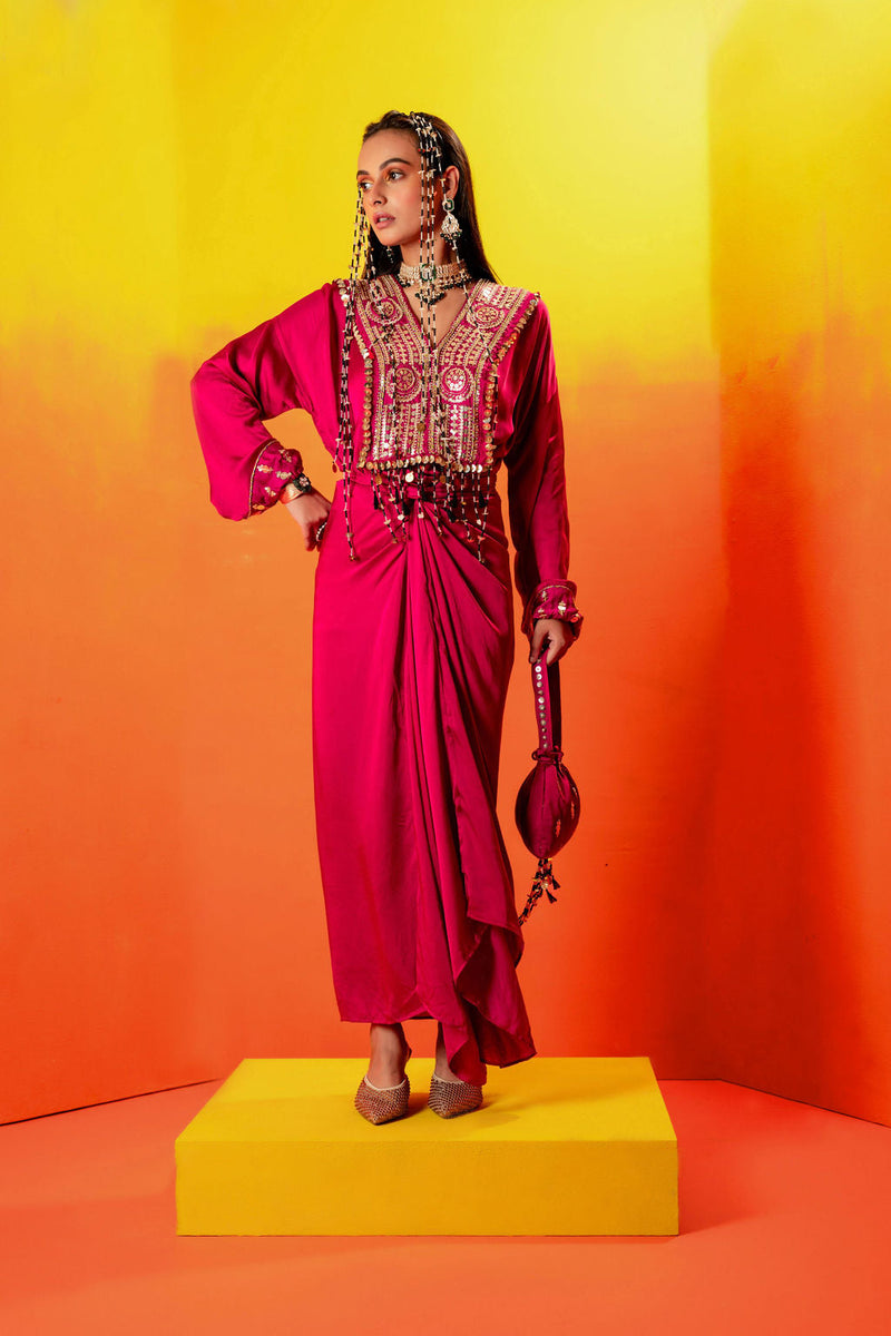 Tara Pink Festive Tie up Kurta Dress satin by PRAHNAAYA in pink color for women Worldwide