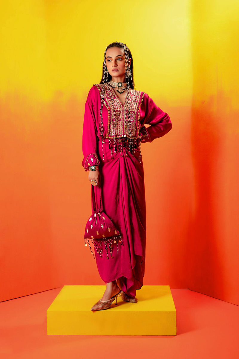 Tara Pink Festive Tie up Kurta Dress satin by PRAHNAAYA in pink color for women Worldwide