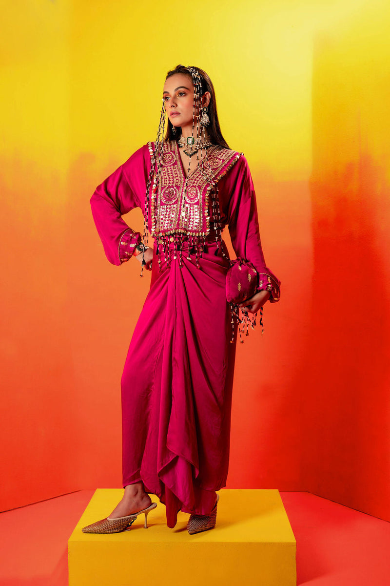 Tara Pink Festive Tie up Kurta Dress satin by PRAHNAAYA in pink color for women Worldwide
