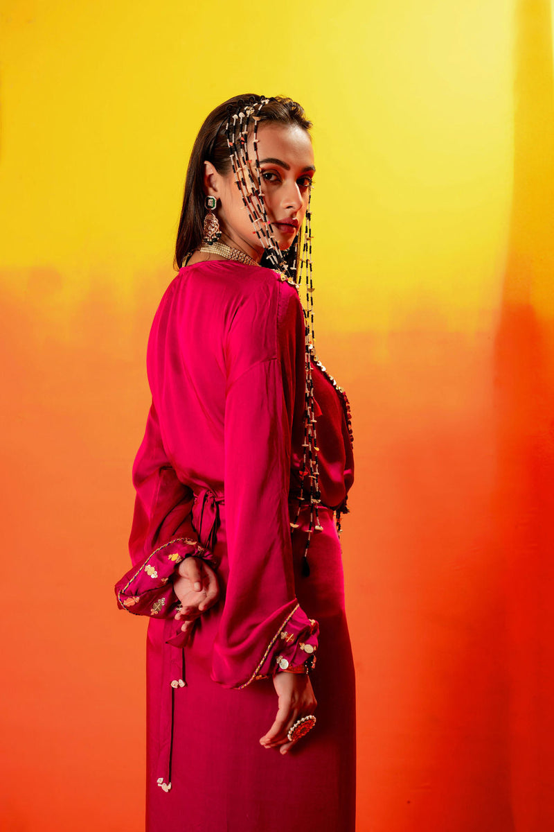 Tara Pink Festive Tie up Kurta Dress satin by PRAHNAAYA in pink color for women Worldwide