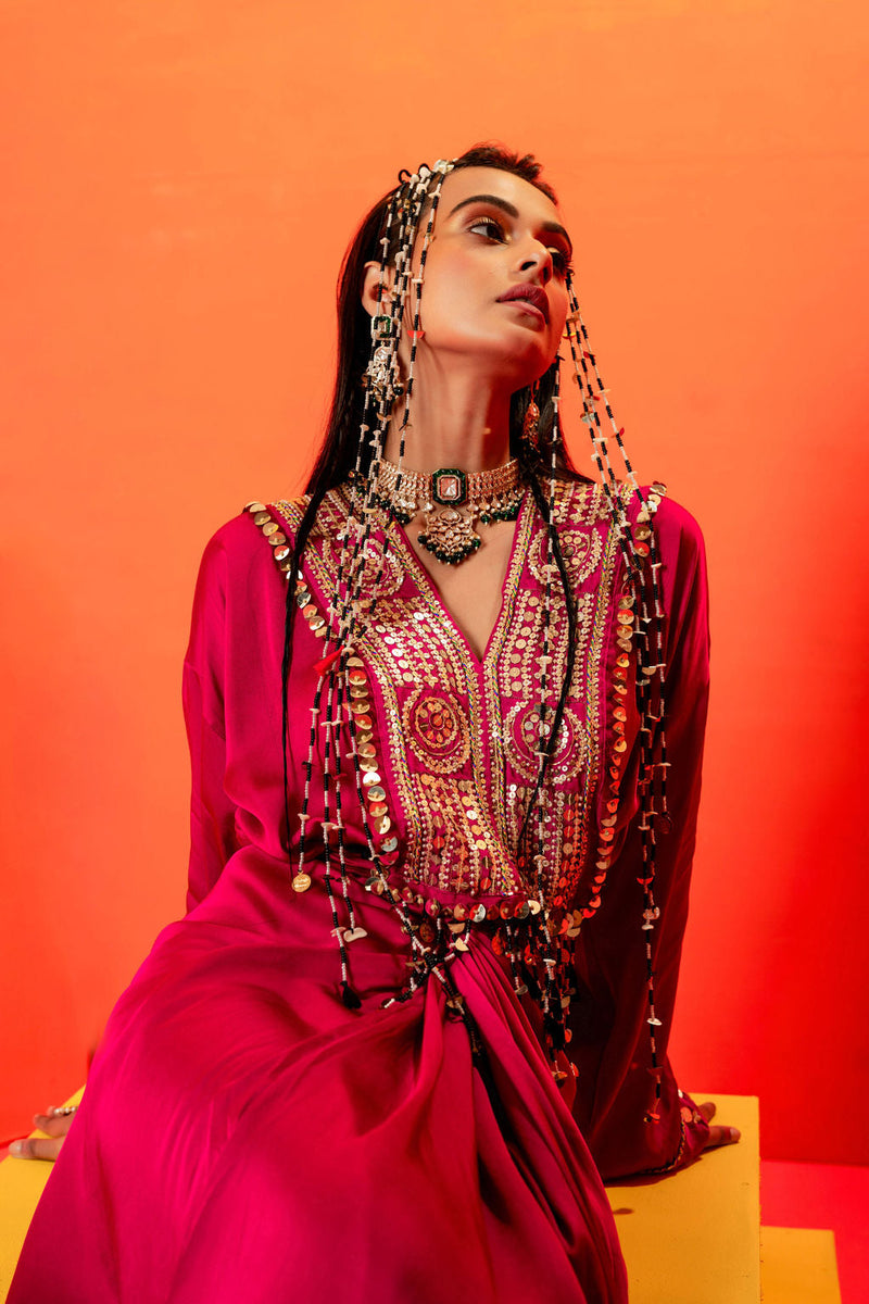 Tara Pink Festive Tie up Kurta Dress satin by PRAHNAAYA in pink color for women Worldwide