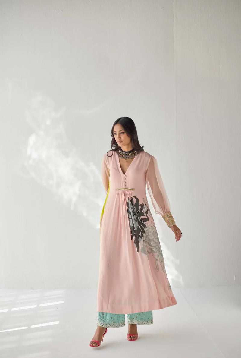 NUDE PINK SIDE FLOWER KURTA SET Kurta Sets by Rajiramniq for women Worldwide