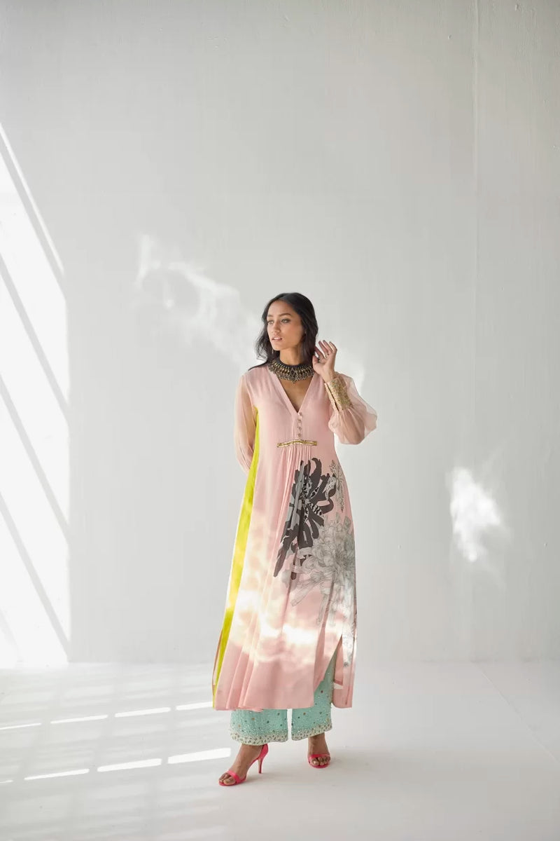 NUDE PINK SIDE FLOWER KURTA SET Kurta Sets by Rajiramniq for women Worldwide