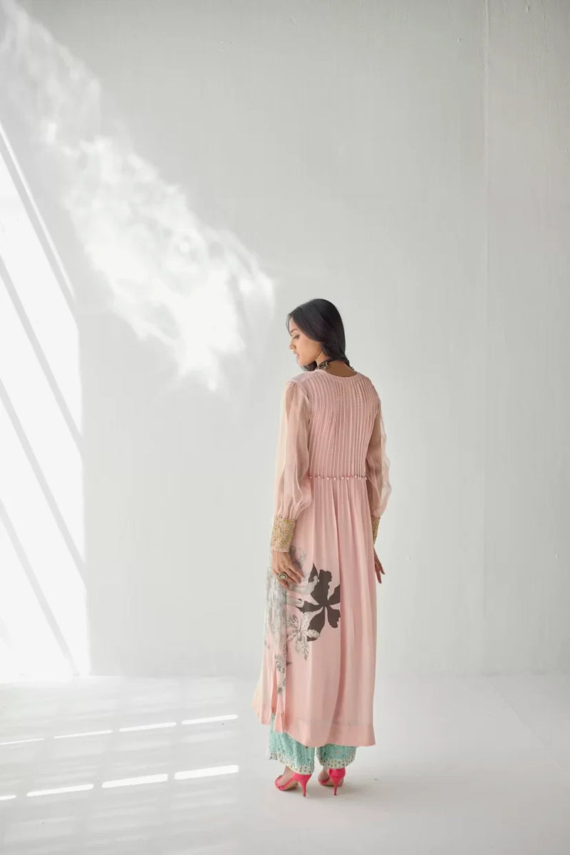 NUDE PINK SIDE FLOWER KURTA SET Kurta Sets by Rajiramniq for women Worldwide