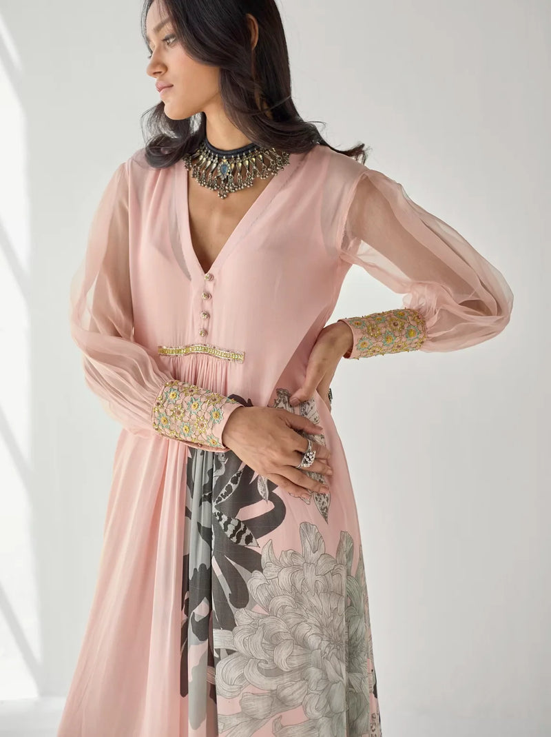 NUDE PINK SIDE FLOWER KURTA SET Kurta Sets by Rajiramniq for women Worldwide