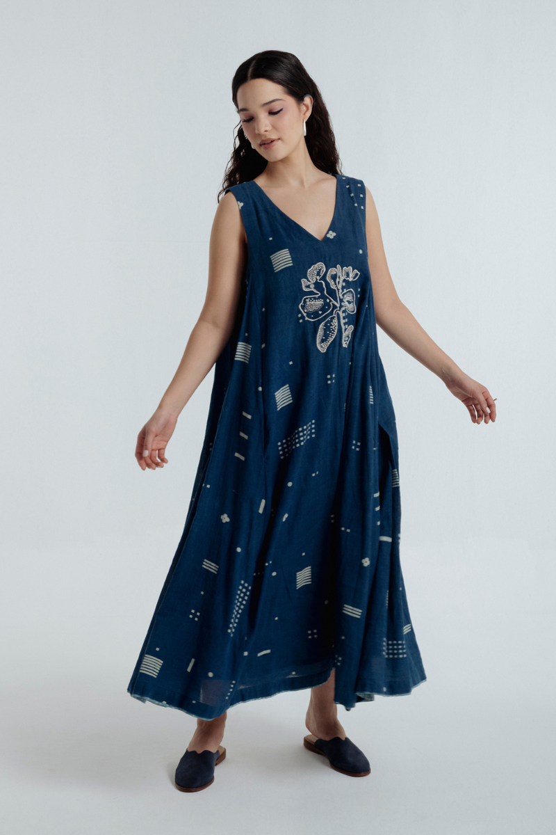 Indigo Shadow Maxi Dress chanderi by Rias for women Worldwide