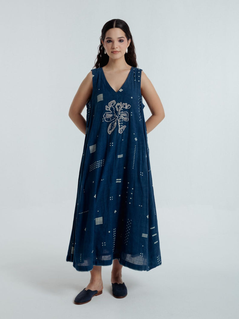Indigo Shadow Maxi Dress chanderi by Rias for women Worldwide