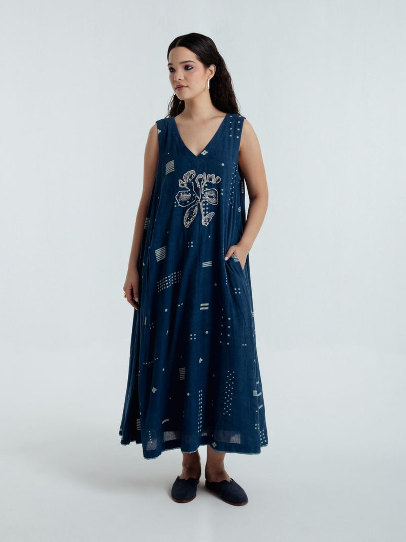 Indigo Shadow Maxi Dress chanderi by Rias for women Worldwide