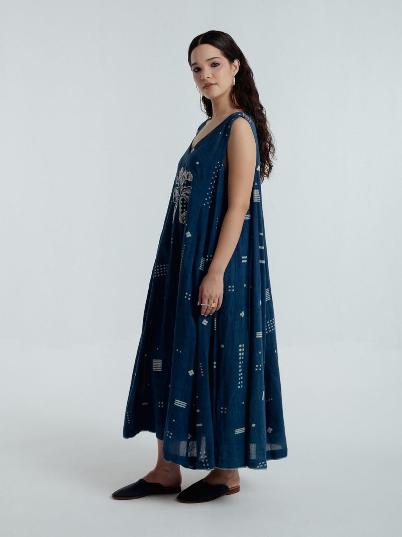 Indigo Shadow Maxi Dress chanderi by Rias for women Worldwide