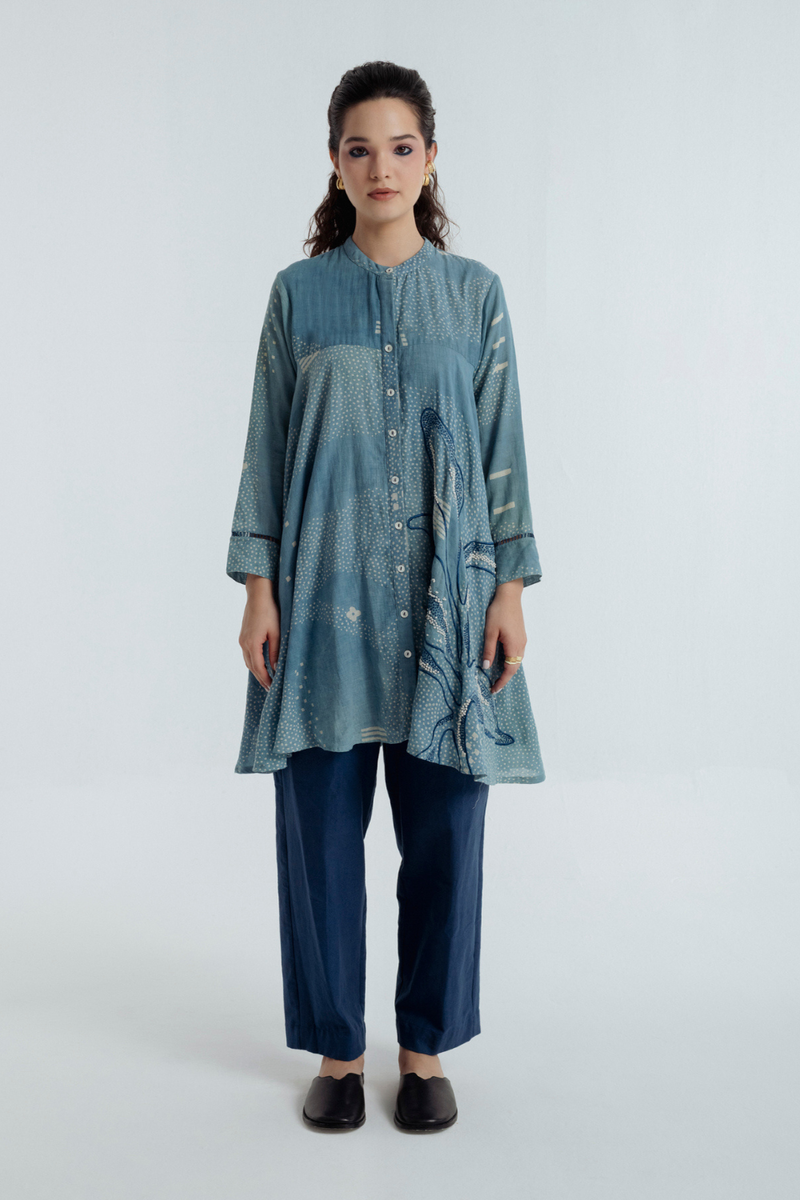 Indigo Sky Flare Shirt chanderi by Rias for women Worldwide