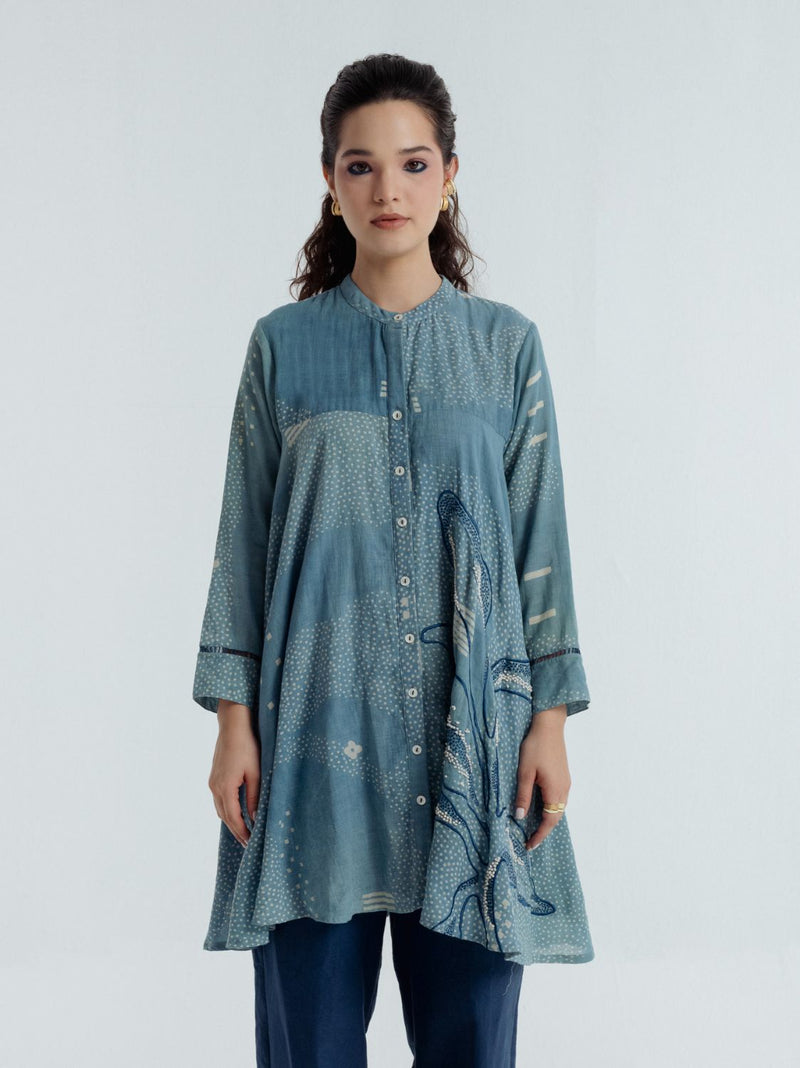Indigo Sky Flare Shirt chanderi by Rias for women Worldwide