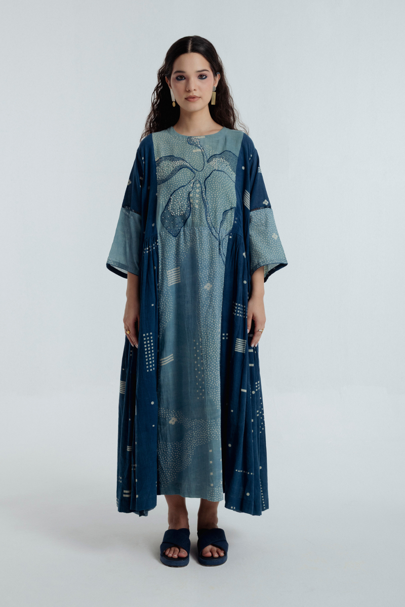 Indigo Pleated Dress chanderi by Rias for women Worldwide