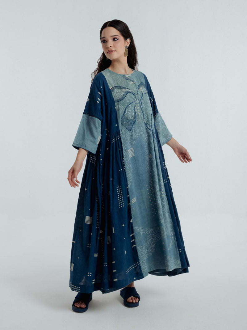 Indigo Pleated Dress chanderi by Rias for women Worldwide